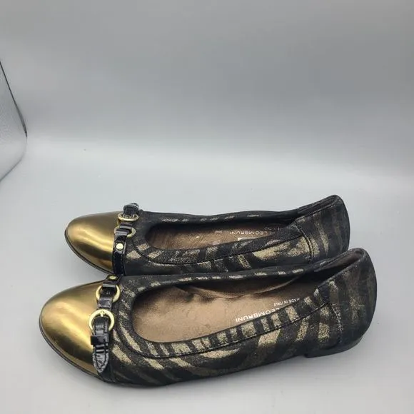 AGL women Round Toe Ballet flats Black Bronze Shimmer belted cap toe 5.5 36 New