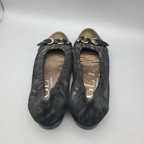 AGL women Round Toe Ballet flats Black Bronze Shimmer belted cap toe 5.5 36 New