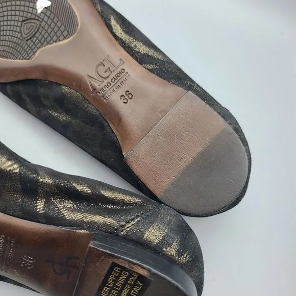 AGL women Round Toe Ballet flats Black Bronze Shimmer belted cap toe 5.5 36 New