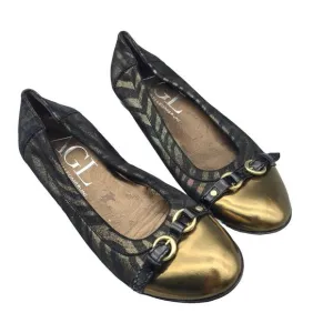 AGL women Round Toe Ballet flats Black Bronze Shimmer belted cap toe 5.5 36 New