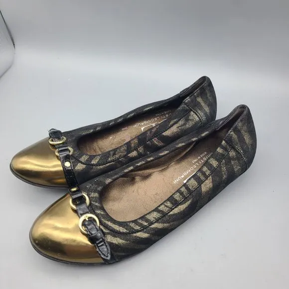 AGL women Round Toe Ballet flats Black Bronze Shimmer belted cap toe 5.5 36 New