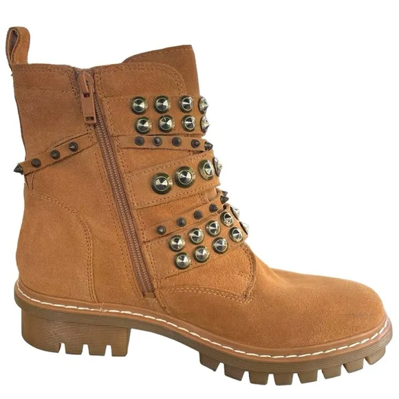 ALDO Kelia Multi Strap Buckle Caramel Combat Boot Silver Studs Women Size 8.5