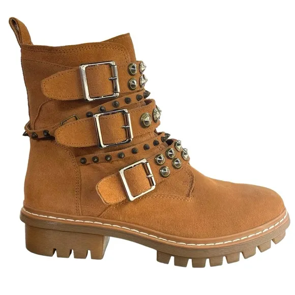 ALDO Kelia Multi Strap Buckle Caramel Combat Boot Silver Studs Women Size 8.5