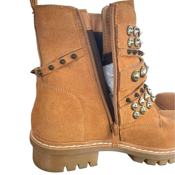 ALDO Kelia Multi Strap Buckle Caramel Combat Boot Silver Studs Women Size 8.5