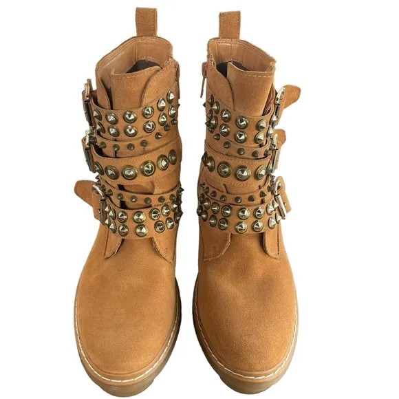 ALDO Kelia Multi Strap Buckle Caramel Combat Boot Silver Studs Women Size 8.5