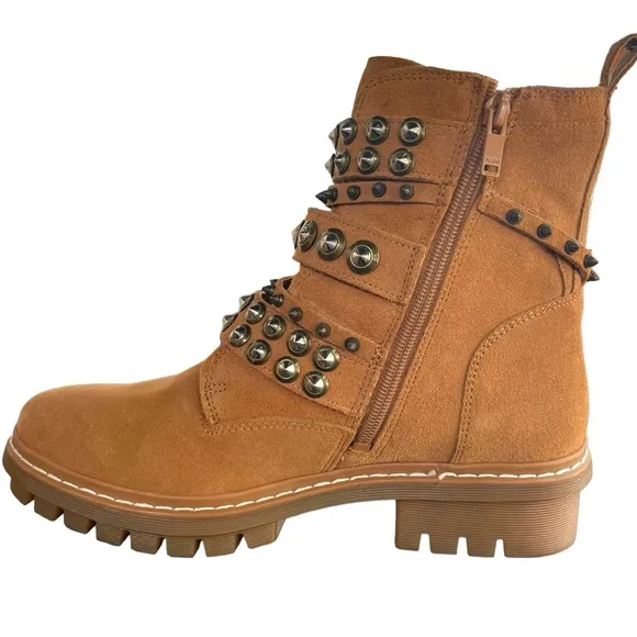 ALDO Kelia Multi Strap Buckle Caramel Combat Boot Silver Studs Women Size 8.5