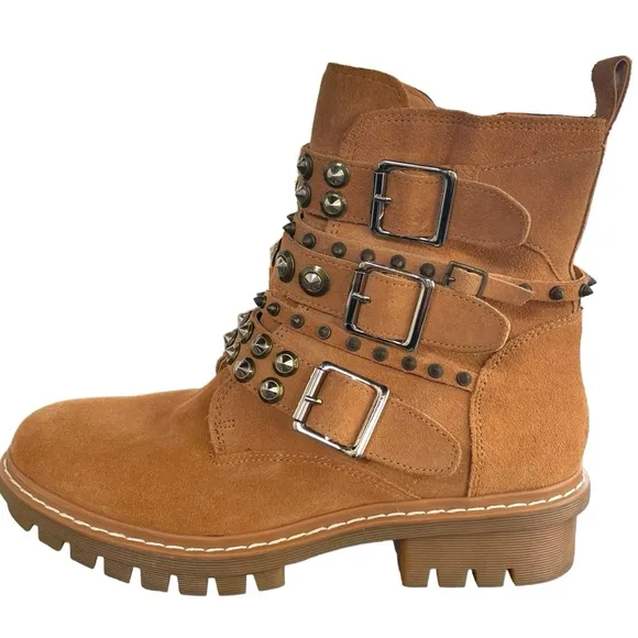 ALDO Kelia Multi Strap Buckle Caramel Combat Boot Silver Studs Women Size 8.5