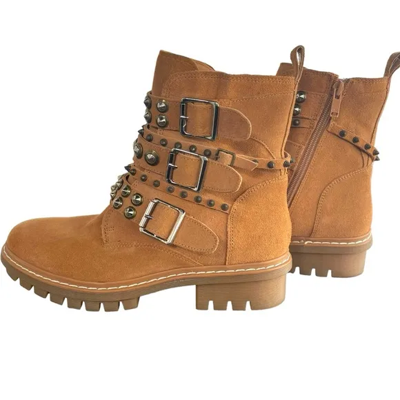 ALDO Kelia Multi Strap Buckle Caramel Combat Boot Silver Studs Women Size 8.5