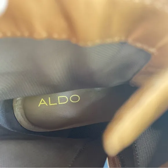 ALDO Kelia Multi Strap Buckle Caramel Combat Boot Silver Studs Women Size 8.5