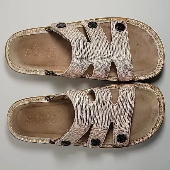 Alegria PG Lite Venice Wedge Sandals Slip-On Slide-On Gold Leather Adjustable 39