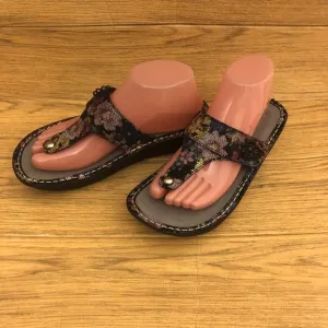 Alegria women slip on shimmery black and flowery leather sandals, 7.5