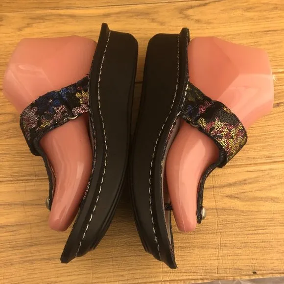 Alegria women slip on shimmery black and flowery leather sandals, 7.5