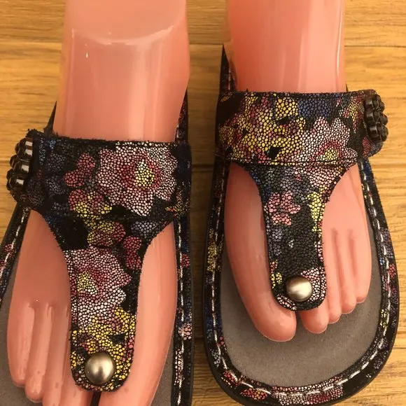 Alegria women slip on shimmery black and flowery leather sandals, 7.5