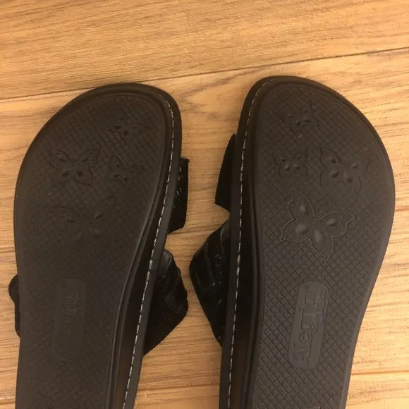 Alegria women slip on shimmery black leather sandals, 10.5