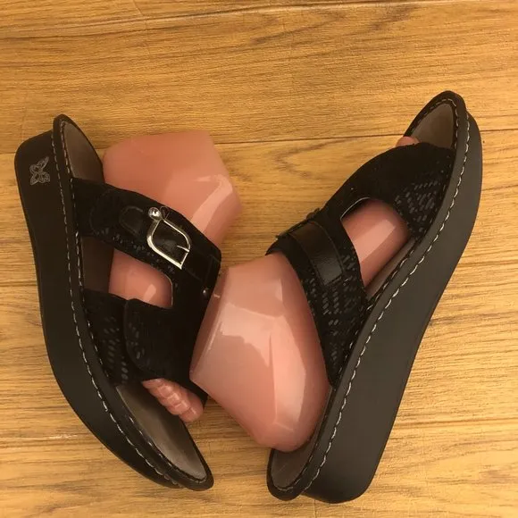 Alegria women slip on shimmery black leather sandals, 10.5