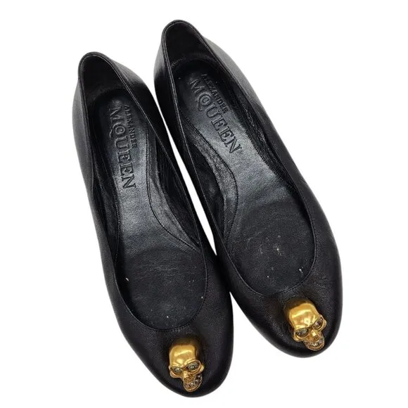 Alexander McQueen Gold Skull City Ballet Flats 37.5 7.5 Nappa Leather Ballerina