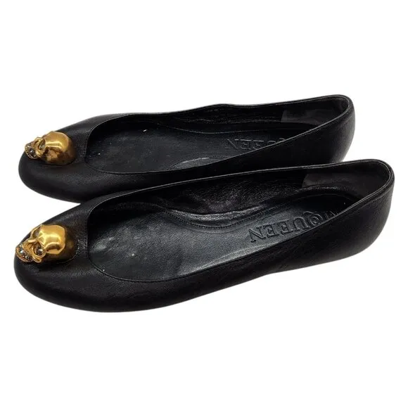 Alexander McQueen Gold Skull City Ballet Flats 37.5 7.5 Nappa Leather Ballerina