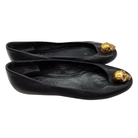 Alexander McQueen Gold Skull City Ballet Flats 37.5 7.5 Nappa Leather Ballerina