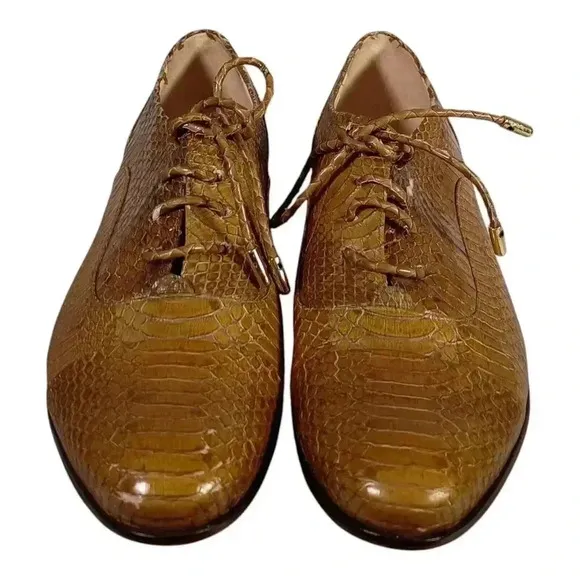 Alexandre Birman Snakeskin Lace Up Flats Shoes Tan Brown Women's 38/US 8