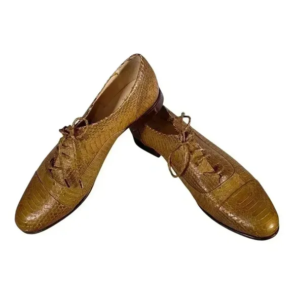 Alexandre Birman Snakeskin Lace Up Flats Shoes Tan Brown Women's 38/US 8