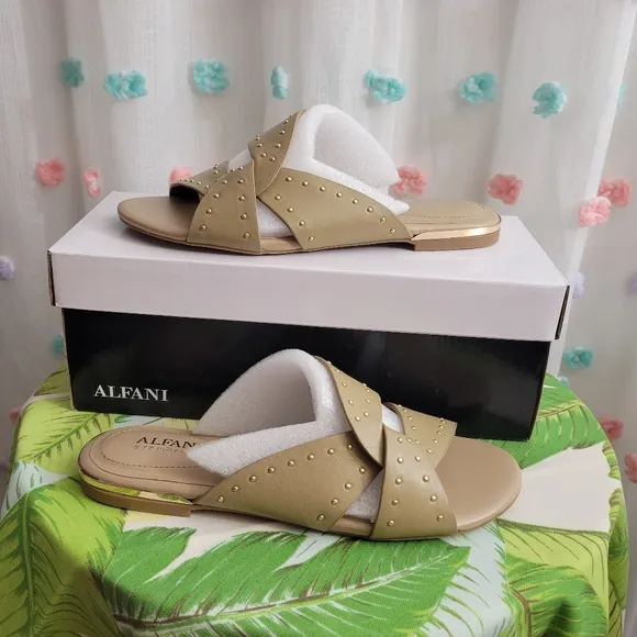 Alfani Danicah Leather Slip On  Studded Flat Sandal (New In Box)