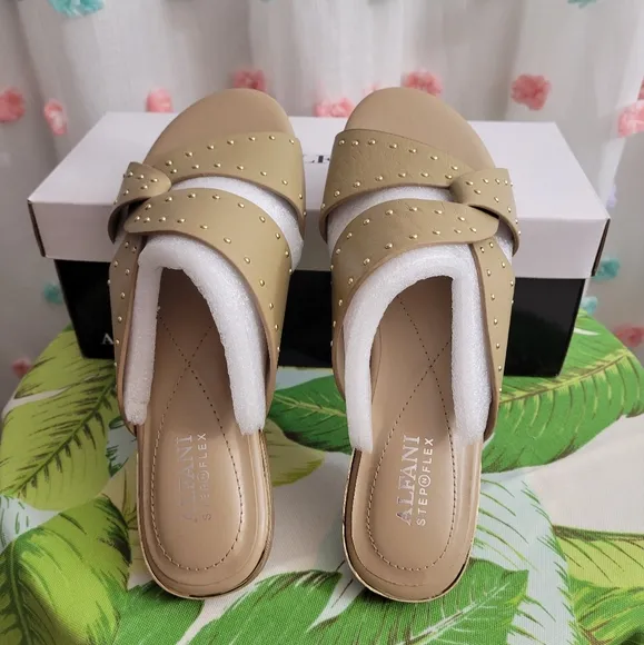 Alfani Danicah Leather Slip On  Studded Flat Sandal (New In Box)