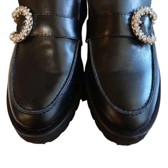 ALL BLACK Chunky Lug Sole Leather Loafer Rhinestone Buckle Flats size 9