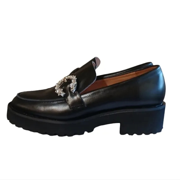 ALL BLACK Chunky Lug Sole Leather Loafer Rhinestone Buckle Flats size 9