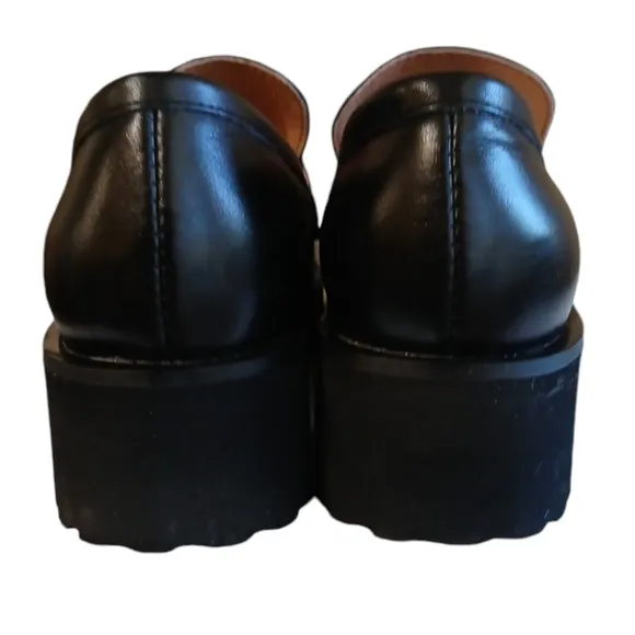 ALL BLACK Chunky Lug Sole Leather Loafer Rhinestone Buckle Flats size 9