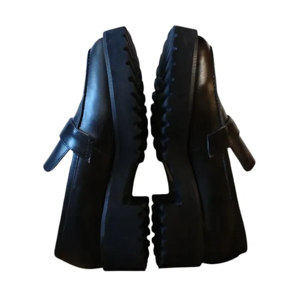 ALL BLACK Chunky Lug Sole Leather Loafer Rhinestone Buckle Flats size 9