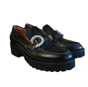 ALL BLACK Chunky Lug Sole Leather Loafer Rhinestone Buckle Flats size 9