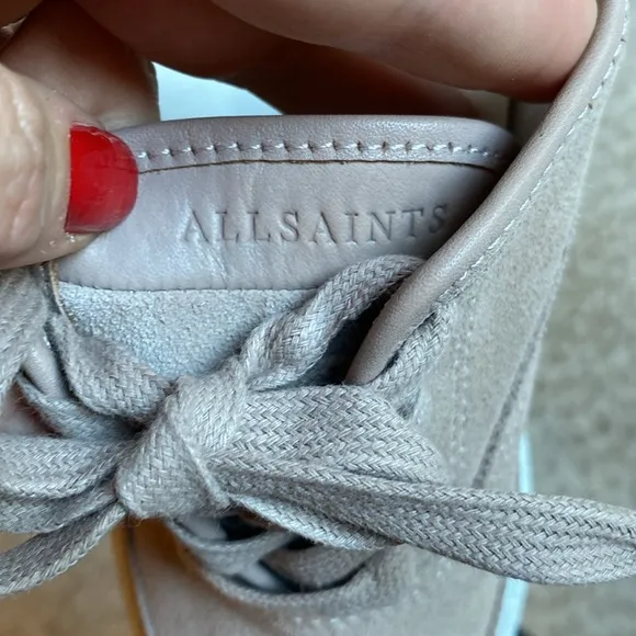 All Saints Bella Blush-Colored Suede Platform Sneakers, size 7.