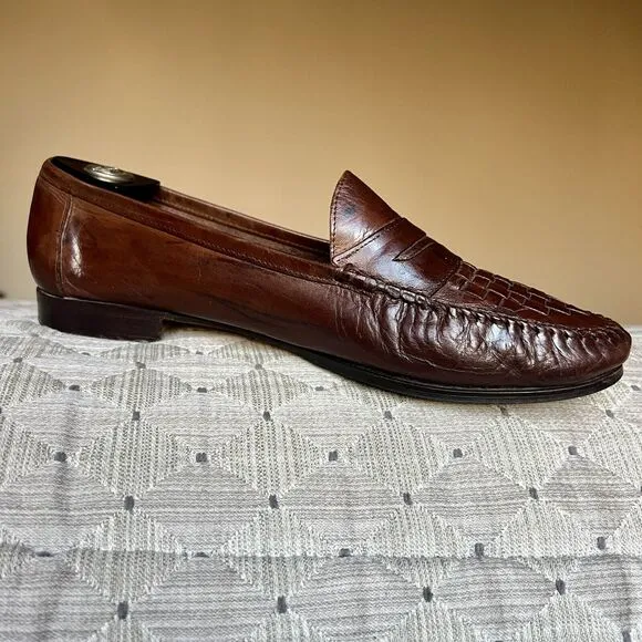 Allen Edmonds Barbados Brown Woven Leather Penny Loafers Men 9.5 Designer Casual