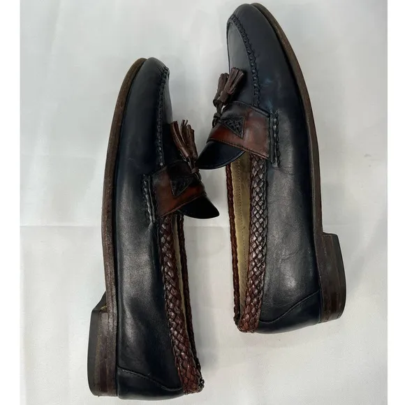 ALLEN EDMONDS MAXFIELD 10 B Brown Braided Leather Woven Black Tassel Loafers