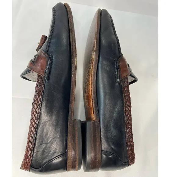 ALLEN EDMONDS MAXFIELD 10 B Brown Braided Leather Woven Black Tassel Loafers