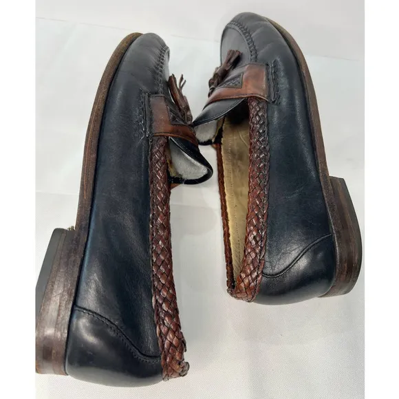 ALLEN EDMONDS MAXFIELD 10 B Brown Braided Leather Woven Black Tassel Loafers