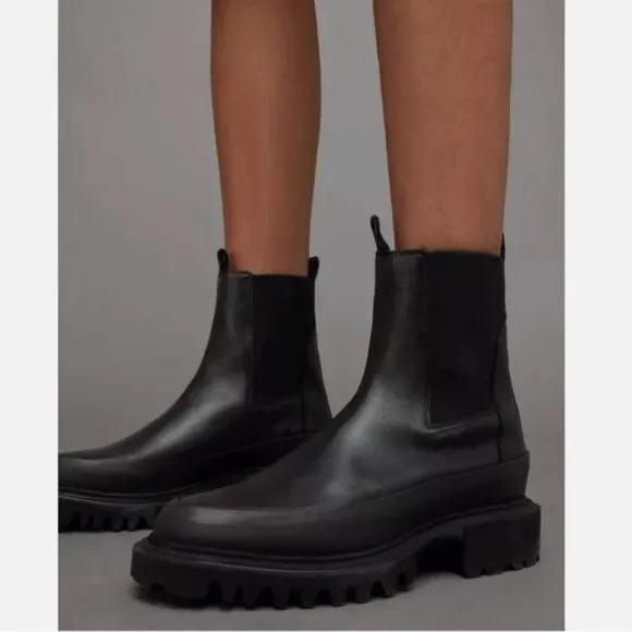Allsaint Harlee Black Leather Lug Sole Chelsea Boots