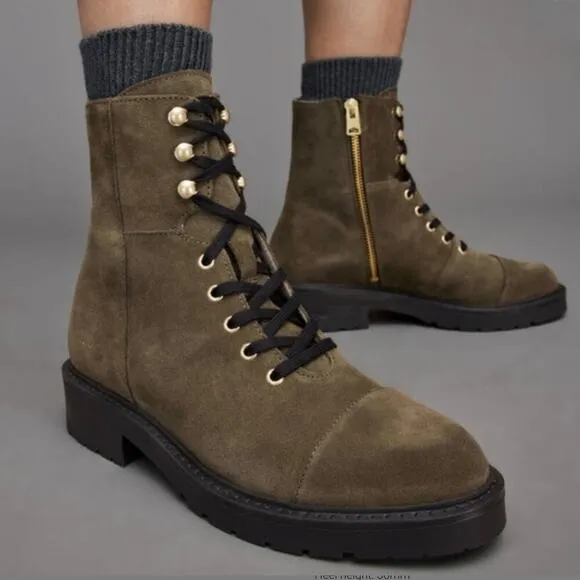 ALLSAINTS Dusty Suede Cap Toe Lug Sole Combat Boots - Olive Green - Size 8
