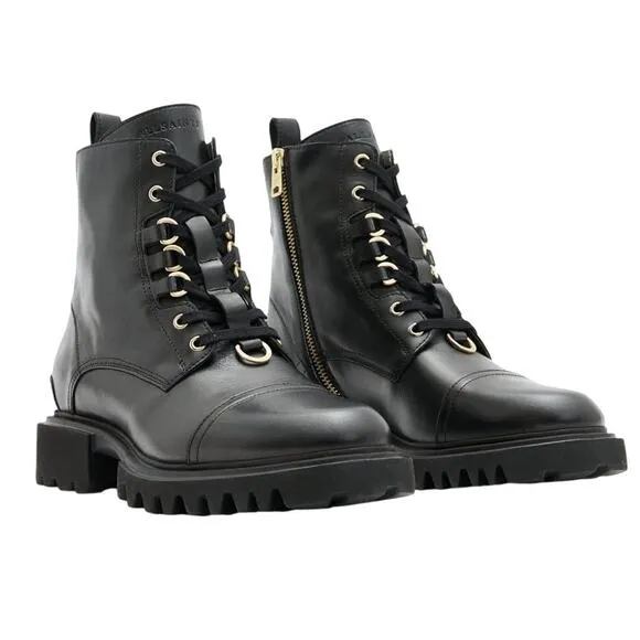AllSaints Womens Lydia Combat Boots US 10 EU 40 Black Leather Calf-High NIB