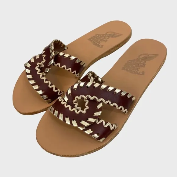 Ancient Greek Chestnut Brown   Platinum Desmos Stitch Slide Sandals Size 36