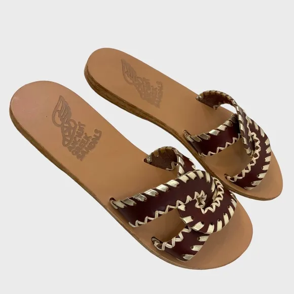 Ancient Greek Chestnut Brown   Platinum Desmos Stitch Slide Sandals Size 36