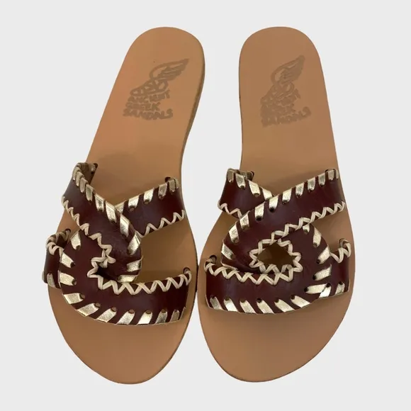 Ancient Greek Chestnut Brown   Platinum Desmos Stitch Slide Sandals Size 36