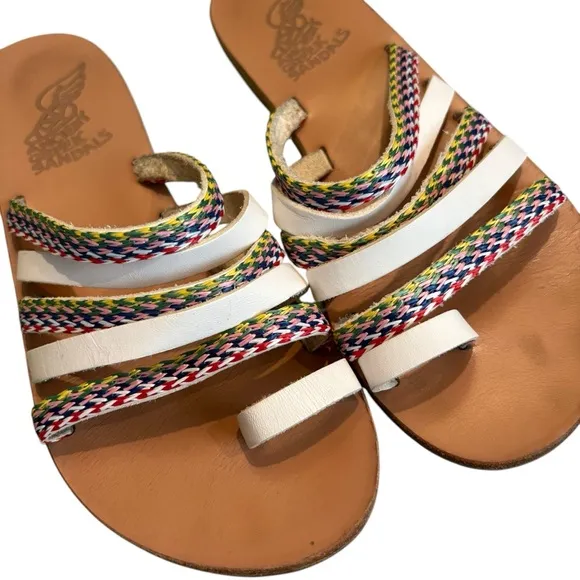 ANCIENT GREEK Niki Raffia Sandals - White / Multi Stripes, Sz EU 38