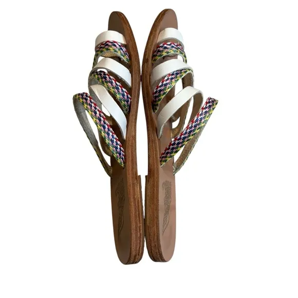 ANCIENT GREEK Niki Raffia Sandals - White / Multi Stripes, Sz EU 38