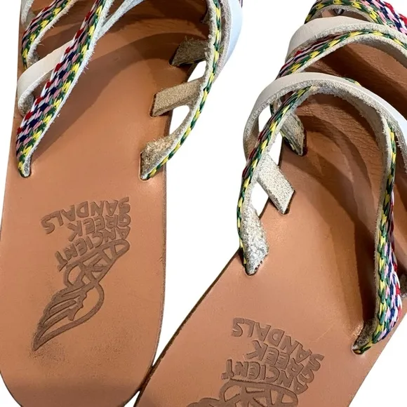 ANCIENT GREEK Niki Raffia Sandals - White / Multi Stripes, Sz EU 38