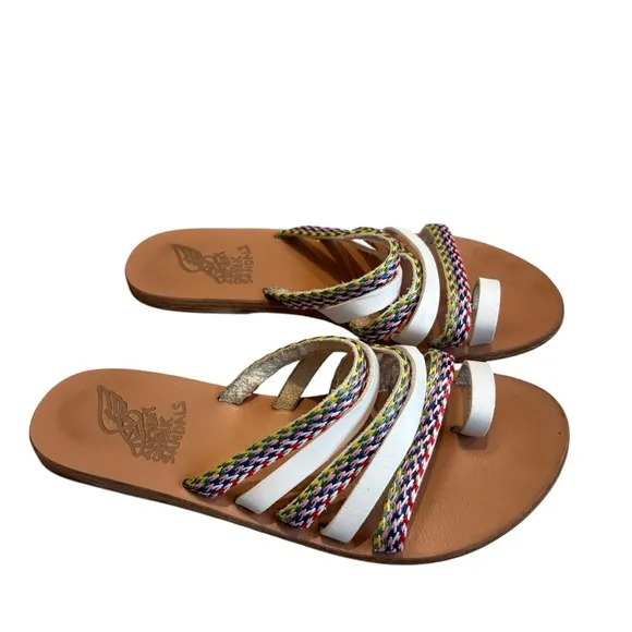 ANCIENT GREEK Niki Raffia Sandals - White / Multi Stripes, Sz EU 38