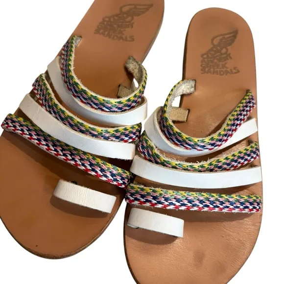 ANCIENT GREEK Niki Raffia Sandals - White / Multi Stripes, Sz EU 38