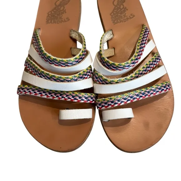 ANCIENT GREEK Niki Raffia Sandals - White / Multi Stripes, Sz EU 38