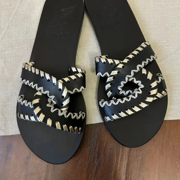 ANCIENT GREEK SANDALS Desmos Stitch Slide Sandals in Black/Light Gold