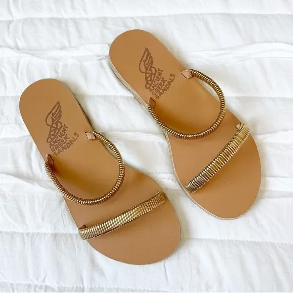 Ancient Greek Sandals Gold Leather Saita Slip On Flat Sandals
